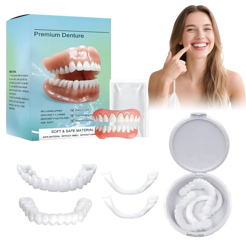 2 Pair False Teeth, Clip on Veneers Top and Bottom, Soft Denture Silicone Reline Kit, Material Safety, Natural Comfortable